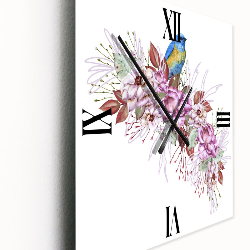 Horloge murale petit oiseau assis sur une branche de fleurs, Grand