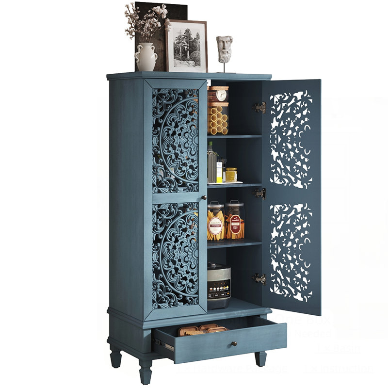 Armoire décorative vintage en bois sculpté à 2 portes avec tiroir et pieds en bois massif Vintage, Bleu antique