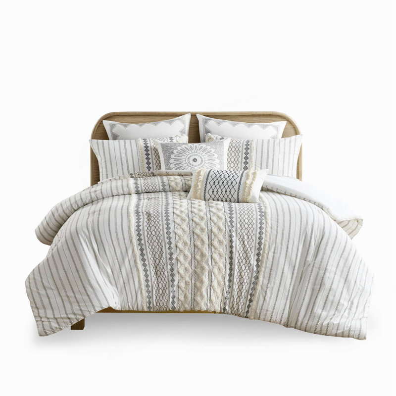 Cotton Printed Comforter Set With Chenille Ivory Full/Queen, Queen Comforter + 2 Pillow Shams, Ivory Striped