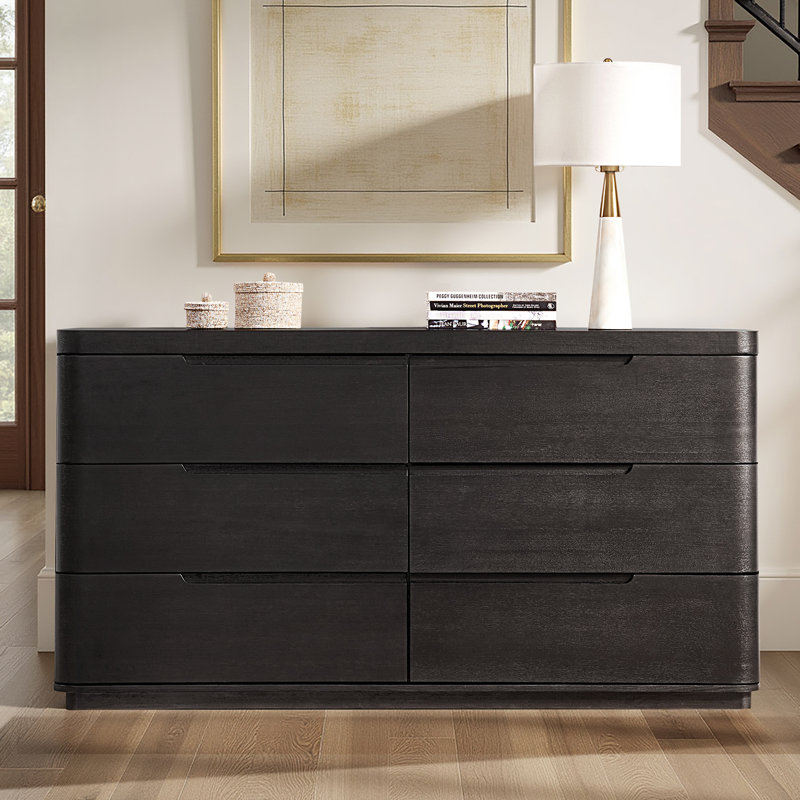 Commode à 6 tiroirs en bois de chêne avec plateau à bijoux amovible Waynesville, Gris anthracite