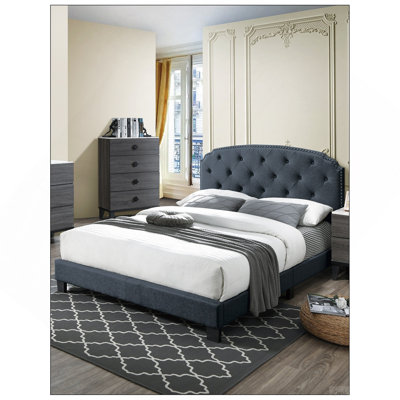 Queen Size 1pc Bed Nailhead Trim Button Tufted Burlap Fabric Charcoal Finish Bedroom Furniture