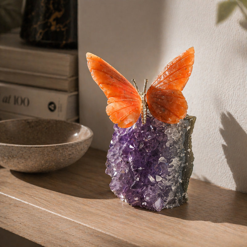 Sculpture Zanders Wings en calcite et améthyste