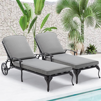 Chaise Lounge Chair Outdoor - Poolside Chairs Set Of 2 With Cushion Cast Aluminum Waterproof Lounger With Wheels And Adjustable Reclining, Pack Of 2 (gray Cushion)