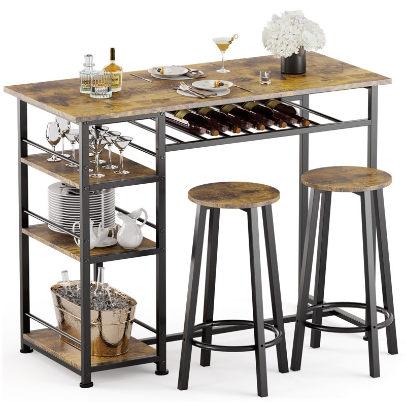 Dining Table Set for 2, Counter Height Kitchen Table and Chairs with Storage Shelves & Wine Rack, Bar Table Set with 2 Bar Stools, 3 Piece Dining Room Table Set for Small Space