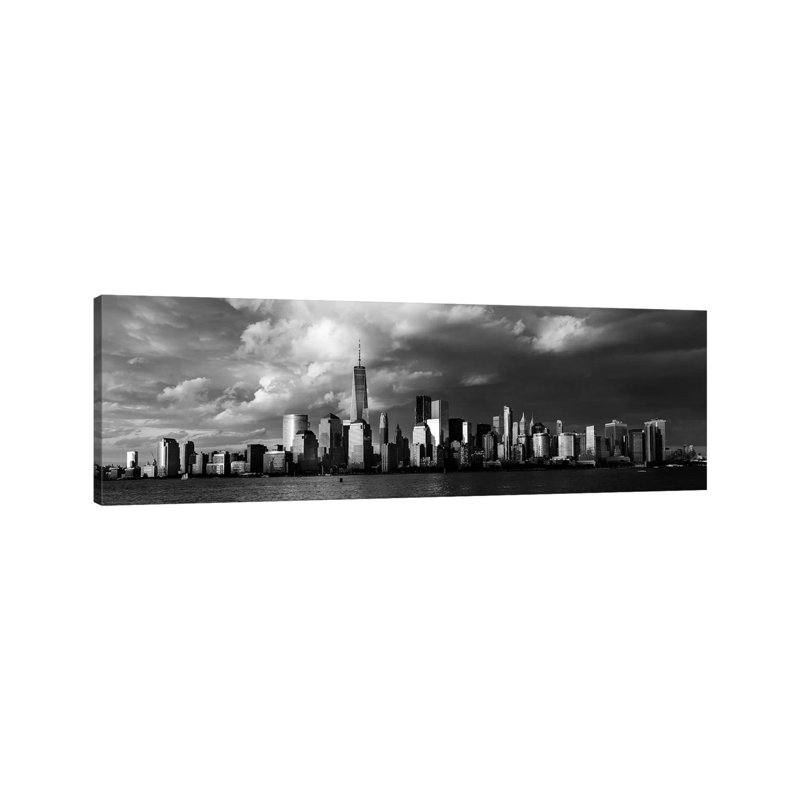 New York City Spectacular Sunset Fin Black and White Focuses on One World Trade Tower, Freedom Tower, NY 1 Piece Wrapped Canvas Panoramic Wall Art