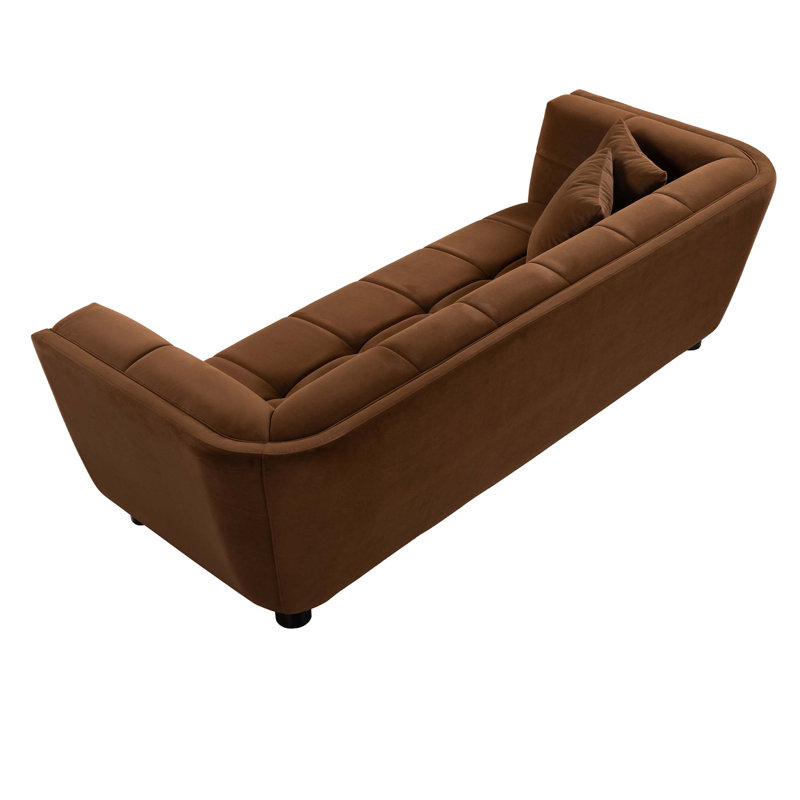 Canapé de style Mid-Century moderne avec un petit design carré, en tissu de velours lisse pour une expérience d'assise confortable et élégante.