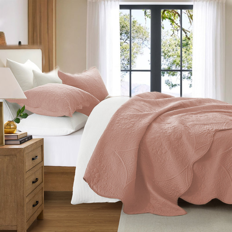 Floral Embossed Microfiber Quilted Bedspread Set, Peach, California King Bedspread + 2 King Pillowcases