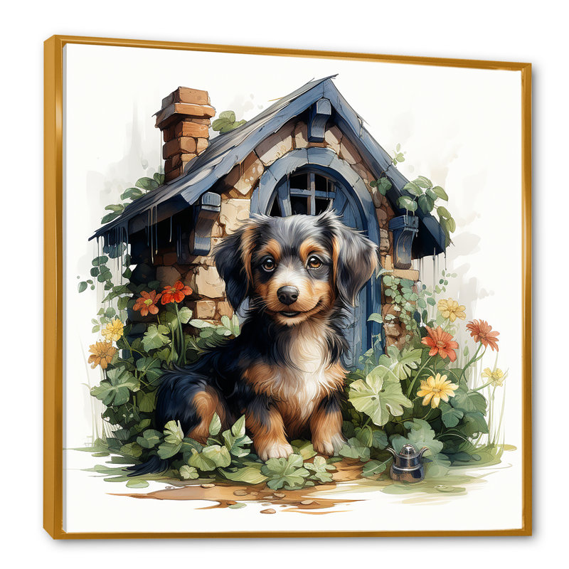 «Puppy Doghouse Blooms I», art mural chien, Cadre flottant doré, H 16 po x l 16 po x P 1 po