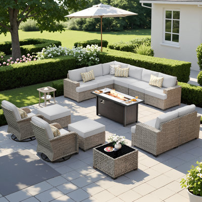 Ensemble de patio pour 12 personnes avec chaises berçantes pivotantes, ensemble de conversation modulaire en rotin et osier avec coussins, ensemble de conversation pour canapé toutes saisons avec foyer pour table de jardin