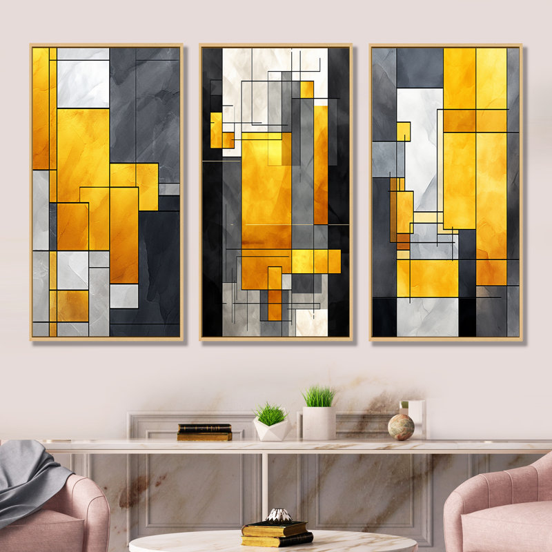 Fusion géométrique jaune et gris I - ensemble de 3 reproductions de toiles géométriques abstraites, Cadre flottant brun