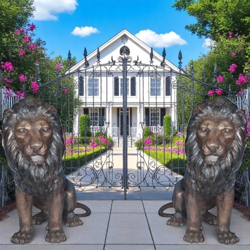 Paire de statues lion en bronze grandeur nature, majestueuse sculpture idéale pour la maison et le jardin, L 55 po x l 28 po x H 60 po