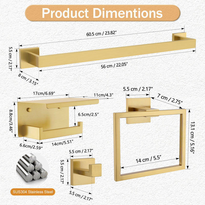 5 Piece Bathroom Hardware Set (set Of 5), Brushed Gold
