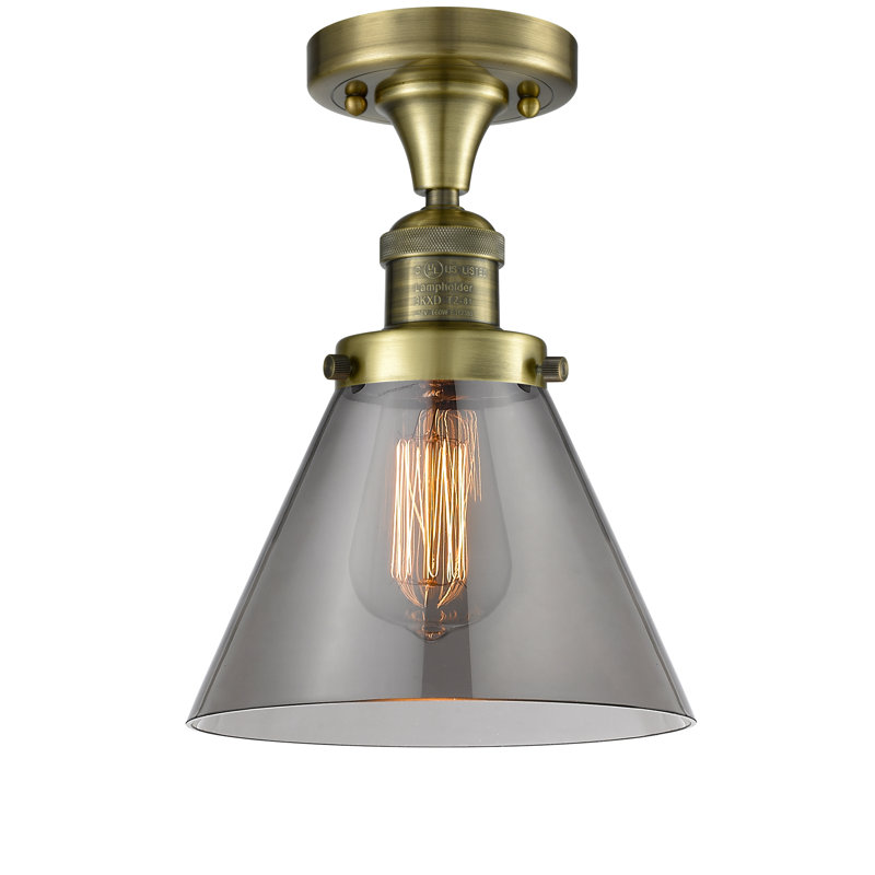 Bell - 1 Light 8" Semi-Flush Mount - Antique Brass Finish - Light Smoke Shade