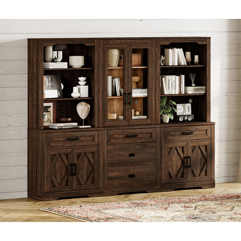 3 Column Bookshelf Set,5 Tier Book Shelf With Open Storage And Glass Doors,73"H Tall Wood Bookcase With Storage Cabinet And Drawers For Study,Bedroom,Living Room,Rustic Brown