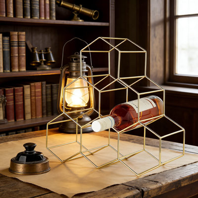 Geometric Countertop Wine Rack For 6 Bottles, Freestanding Hexagonal Honeycomb Design Wine Holder For Kitchen, Bar, Or Pantry Storage