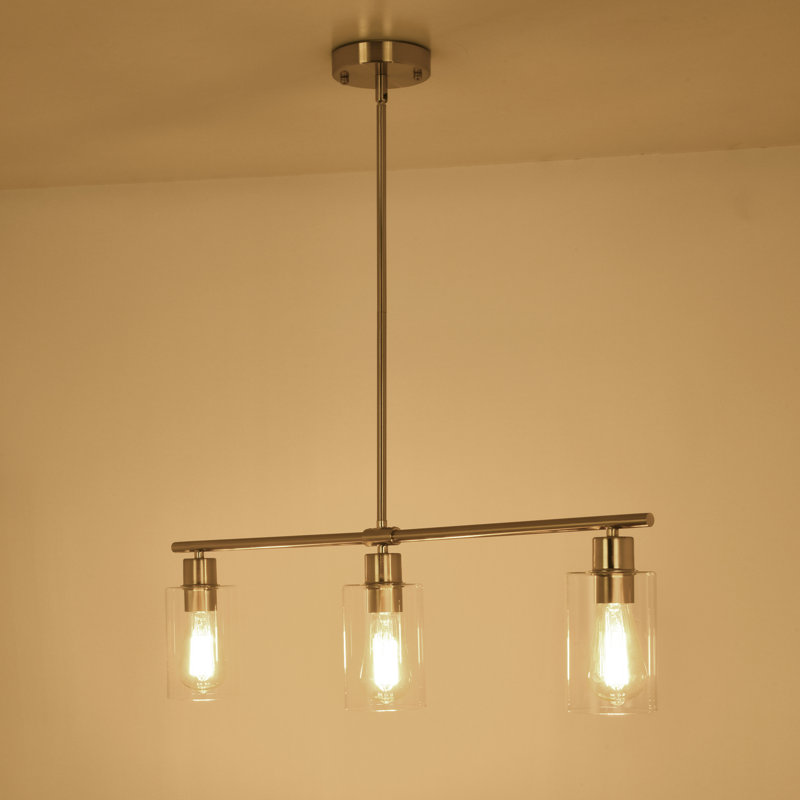 Lustre linéaire rustique à 3 lumières avec abat-jour en verre transparent Delmis, Or
