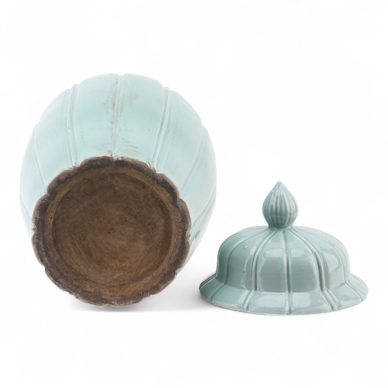 Celadon Ribbed Jar with Lid, Green