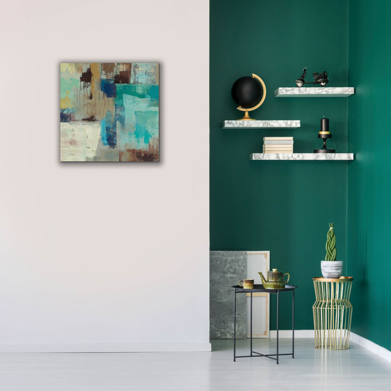 «Teal and Aqua Reflections 3» par Silvia Vassileva, art mural sur toile, H 26 po x l 26 po