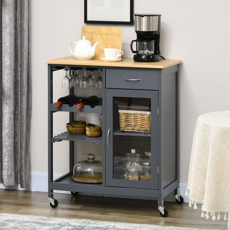 Rolling Kitchen Island With Storage, Kitchen Cart With 4-Bottle Wine Rack, Bar Cart With Stemware Holder, Shelves, Drawer And Cabinet