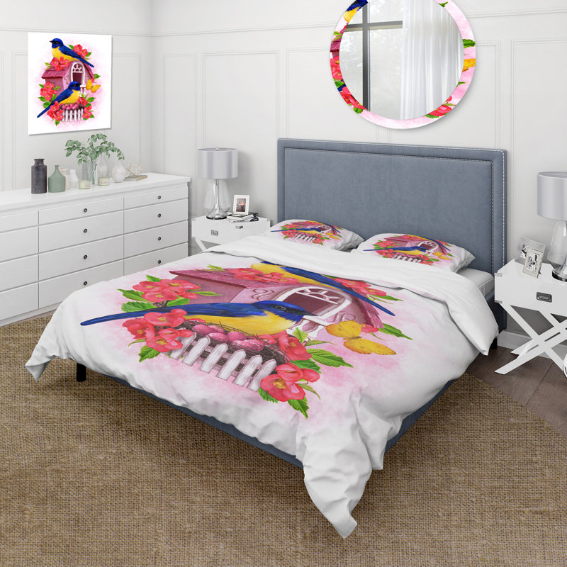 Ensemble de housse de couette en polyester traditionnel avec deux mésanges bleues et jaunes assis près du nid