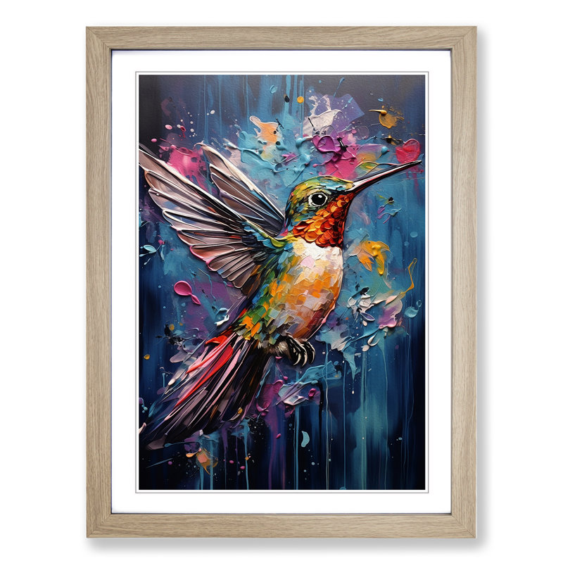 Hummingbird Expressionism No.2 - Single Picture Frame Print on Wood, 64cm H x 46cm W x 2cm D, Oak Framed