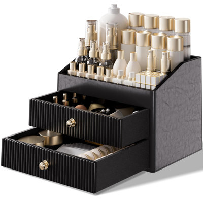 Organisateur de maquillage en cuir, grande capacité de rangement, 2 tiroirs (noir)