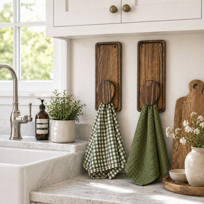 Set of 2 Wall Mounted Wooden Marble Kitchen Towel Hooks, Hand and Dish Towel Holder for Kitchen and Bathroom, Walnut
