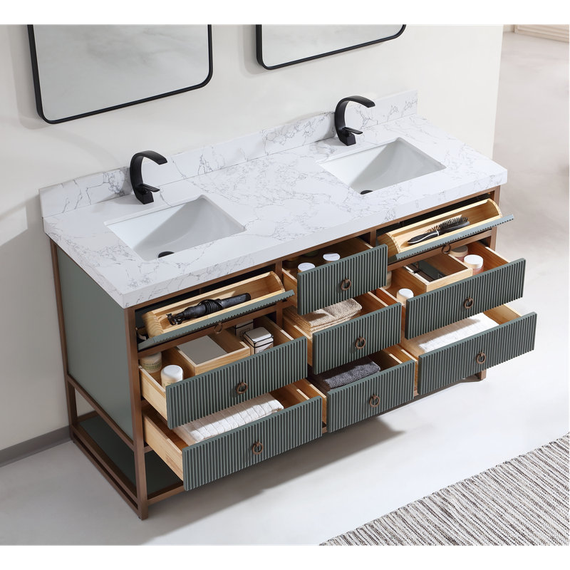 72" Double Vanity With Golden Brush Stainless Steel Frame And Tricorn Black Finish With 2' Thick Black Natual Stone Top, Gray