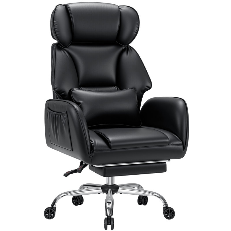 Fauteuil de bureau en similicuir à jambes croisées avec accoudoirs rabattables, fauteuil de direction grande taille avec coussin lombaire et poches latérales