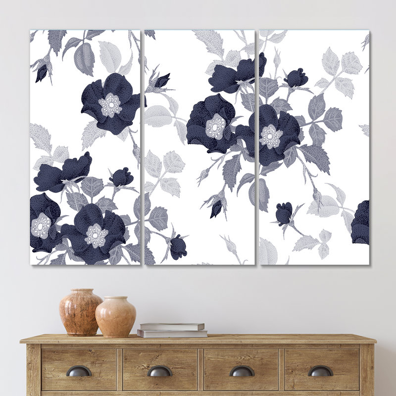 White Roses in Shades of Grey V - 3 pièces, impression sur toile tendue, H 32 po x l 48 po x P 1 po