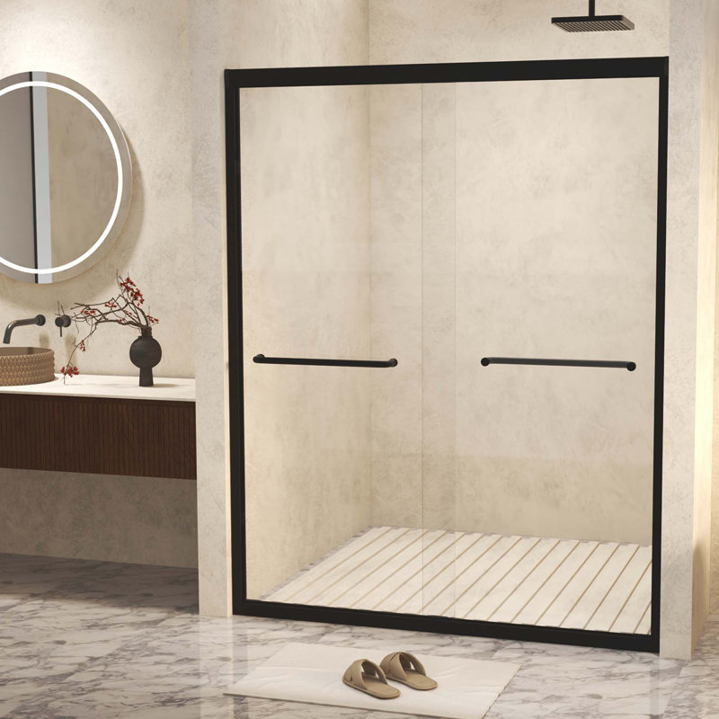 Tempered Glass With Explosion Proof Film,Aluminum Frame Double Sliding Shower Door,Stainless Steel Handle, Black