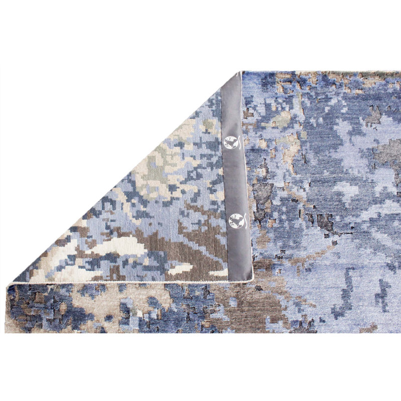 Tapis rectangulaire en viscose noué à la main gris / turquoise, Rectangle 8 pi x 10 pi