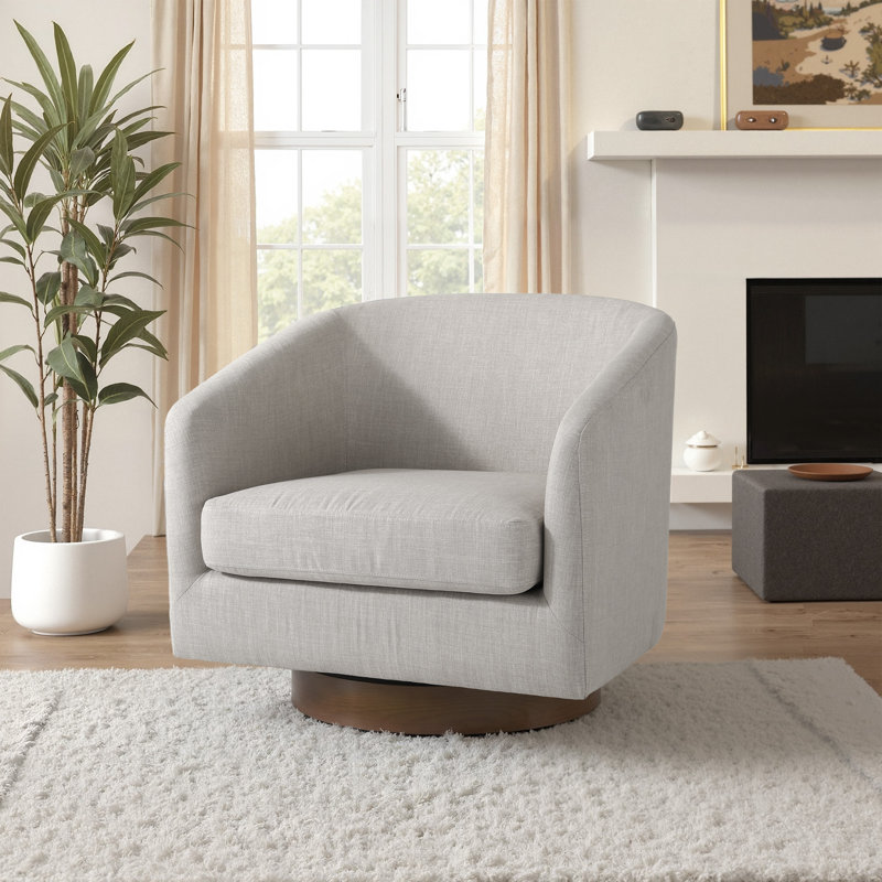 Fauteuil demi-tonneau pivotant en mélange de coton kaki avec base en bois massif Applewold, Mélange de lin kaki