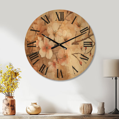 Très grande horloge murale en bois botanique - Fleurs de cerisier avec aquarelle brun terreux