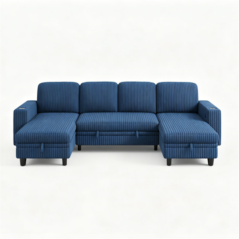 Sherry 106“  Upholstered Modular U-Shape Modular Sectional with Storage, Charging & Cup Holders, Soren Navy Corduroy