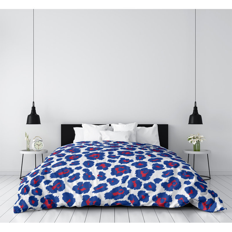 Housse de couette simple à imprimé léopard, Housse de couette pour très grand lit, Microfibre, Blanc / bleu / mauve foncé