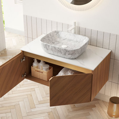 Meuble-lavabo 36 po, meuble de rangement flottant en contreplaqué, portes doubles en sergé avec garniture en métal, vasque en céramique à motif marbré et plateau en pierre frittée Carrara