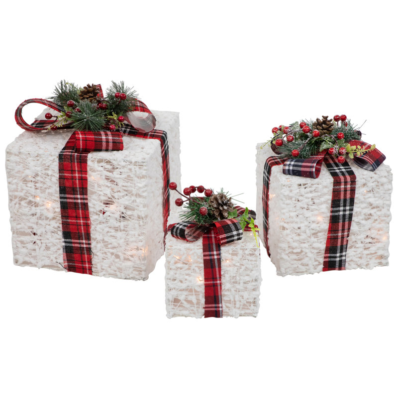 Set of 3 Lighted White and Red Plaid Christmas Gift Boxes
