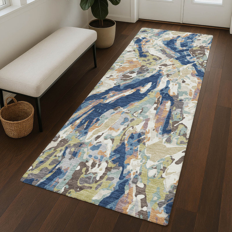 Machine Washable Indoor/Outdoor Chantille ACN2441 Abstract Rug, Navy, 2'3" x 7'6" Runner