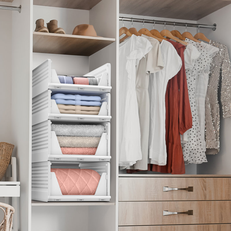 Sorbus 4 Pack Folding Shelf Organizer - Stackable Closet Shelf Organizer Baskets for Clothes, Closet, Bathroom, Kitchen, Garage - Easy Access Open Front Design Under Shelf Organizer, Small/Medium