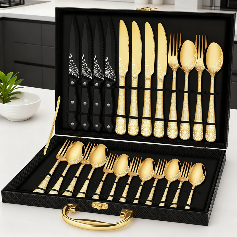 Ensemble de couverts 24 pièces en acier inoxydable pour 4 personnes avec couteaux à steak, ensemble de couverts luxueux gravés au laser dans une boîte cadeau, ensemble de couverts poli miroir lavable au lave-vaisselle