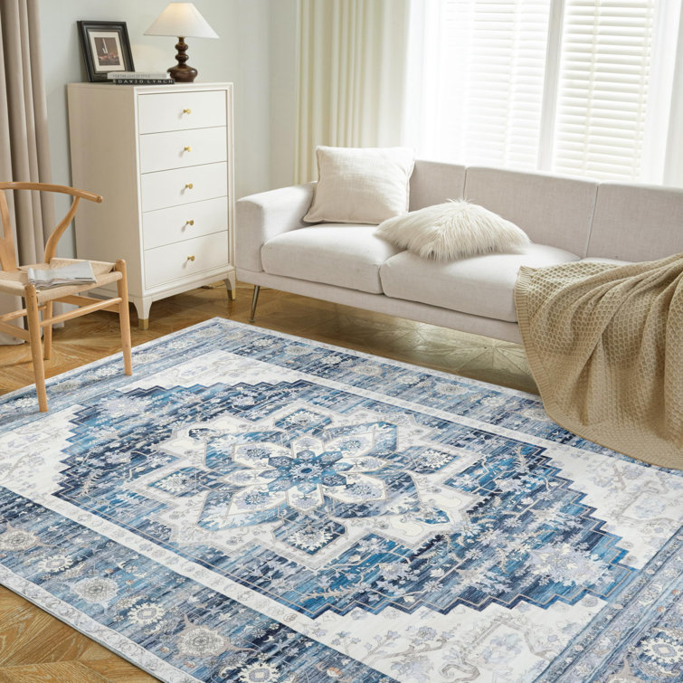 Machine Washable Area Rugs For Living Room Non-Slip Backing Foldable Boho Floral Carpet Rugs