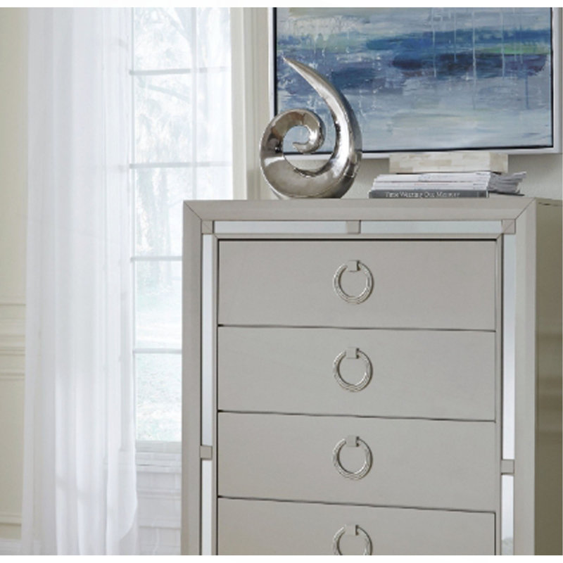 5-Drawer Vertical Chest With Mirrored Trim & Ornate Knobs