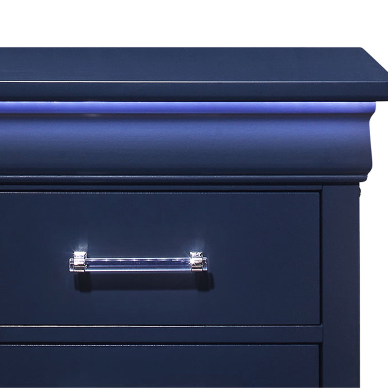 Table de chevet 2 tiroirs en bleu avec DEL - Spacieux, rangement spacieux en métal, aspect transitionnel