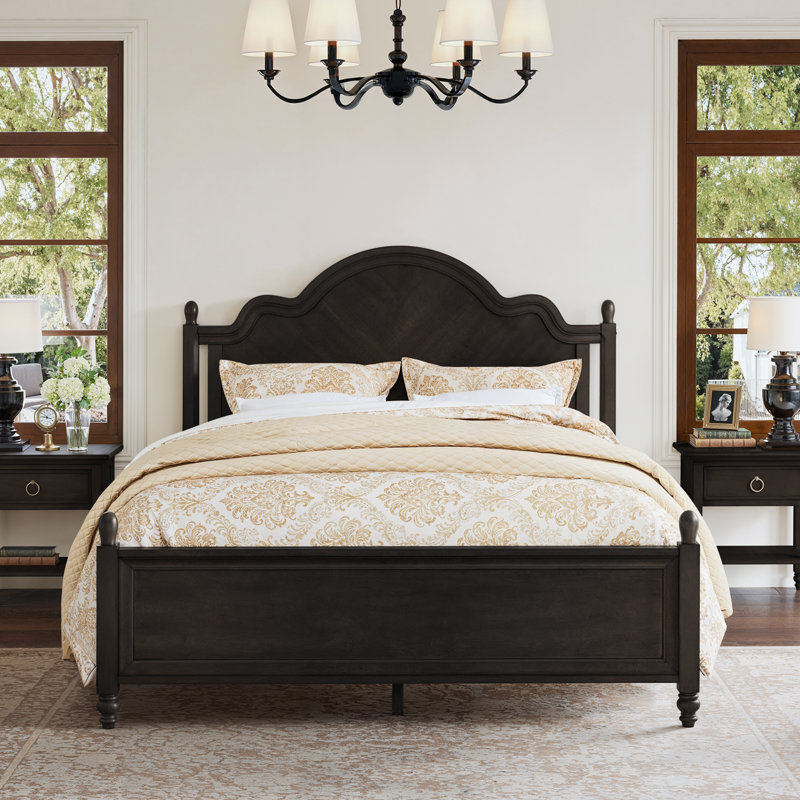 Mid-Century Modern Solid Wood Bed with Herringbone-Inspired Pattern Headboard, Queen, Vintage Black