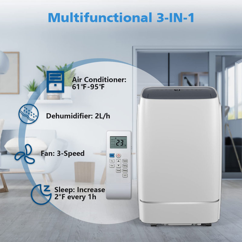 13000 BTU Portable Air Conditioner White - 3-in-1 Cooling Dehumidifier Fan for Rooms Up to 600 Sq Ft with Remote Control, 440