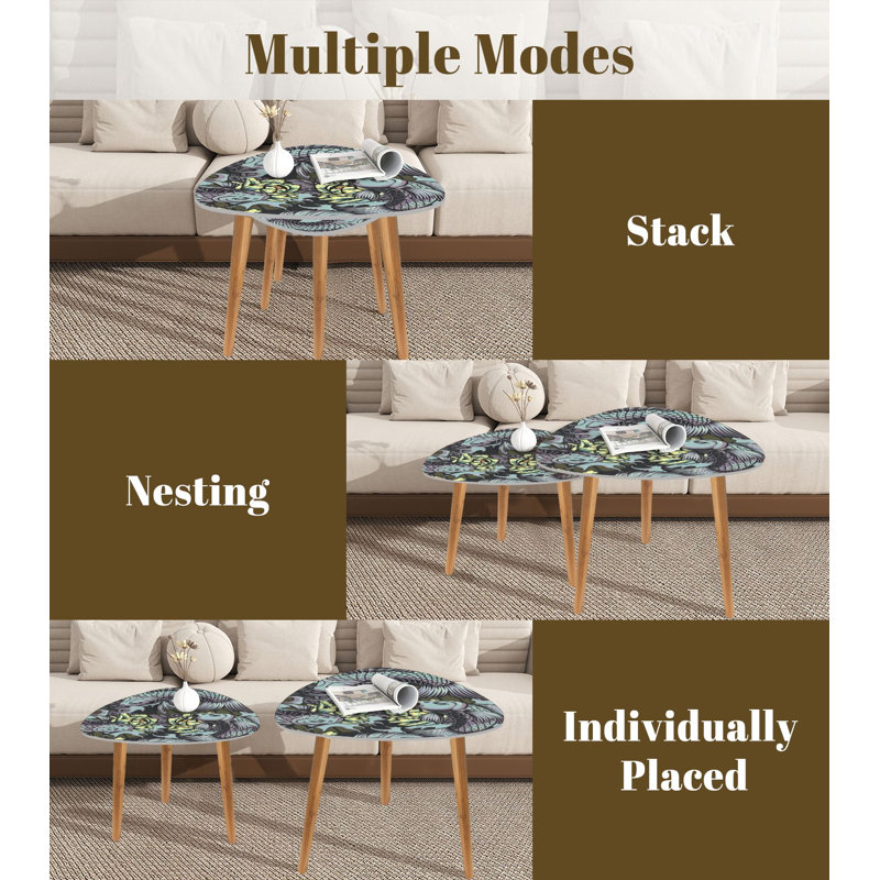 Triangle Nesting Coffee Table Set of 2 Japanese style seamless color carps peonies waves Ideal for End Table Modern Minimalist Side Table Set for Living Room Bedroom