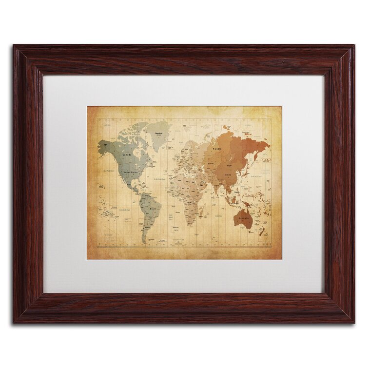 'Time Zones Map of the World' Framed Graphic Art Print on Canvas in Brown
