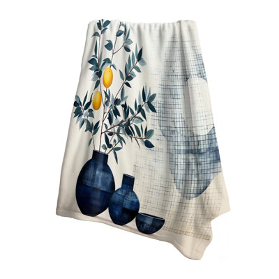 Blue Yellow Mid Century Minimalist Pottery - Minimalism Fleece Throw Blanket