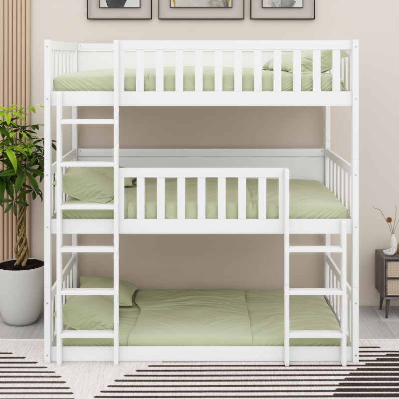 Triple-Tier Bunk Bed In Solid Rubber Wood, Featuring Integrated Ladders And Removable Safety Guardrails, White
